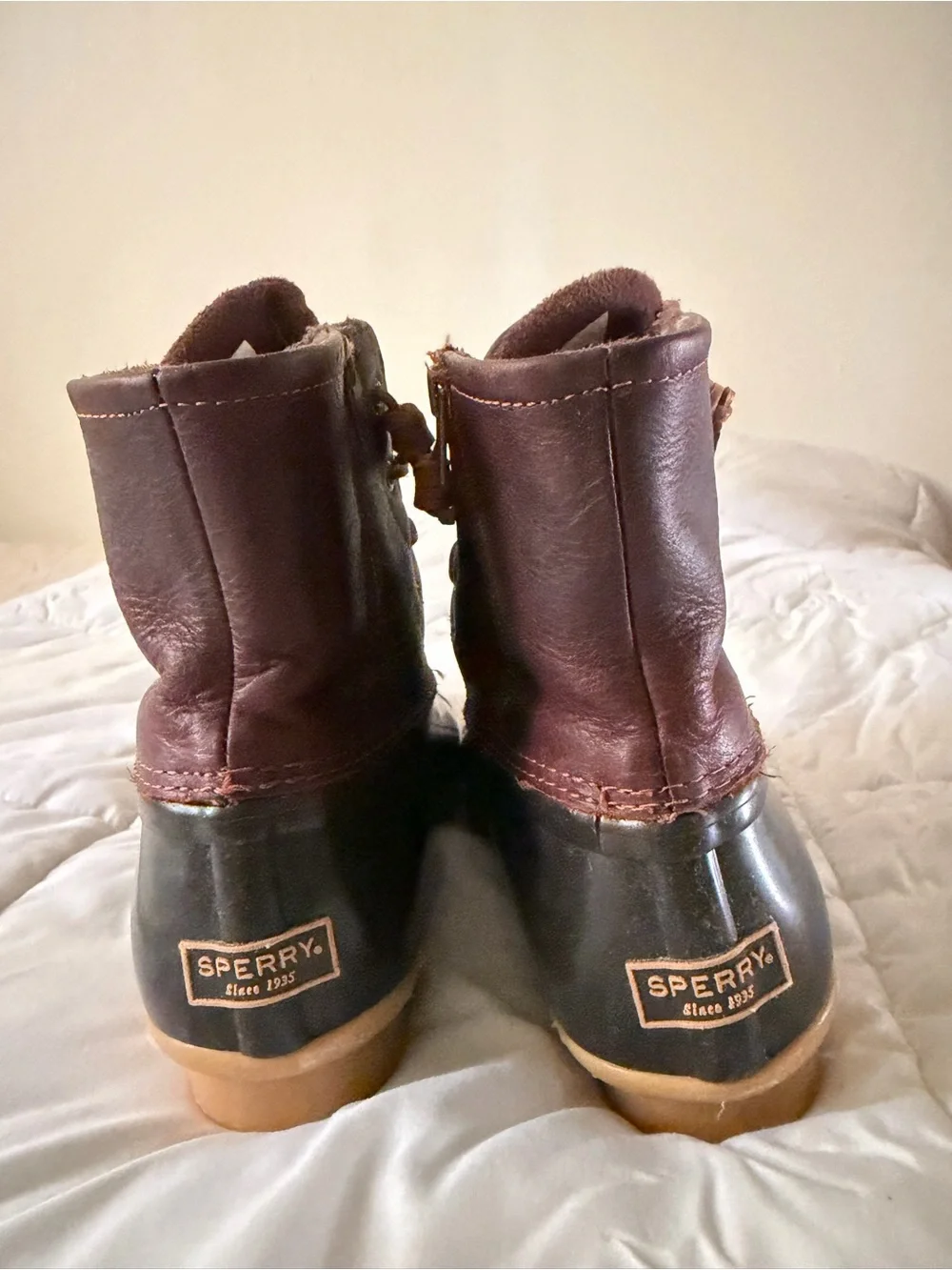 Sperry Brown Leather and Dark Green Waterproof Duck Boots with Tan Soles